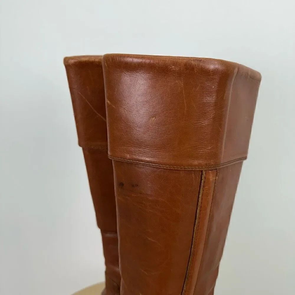 Frye Women’s Vintage 1970s Fold Cuff Knee Block Heel Cognac Leather Boot - Picture 9 of 14